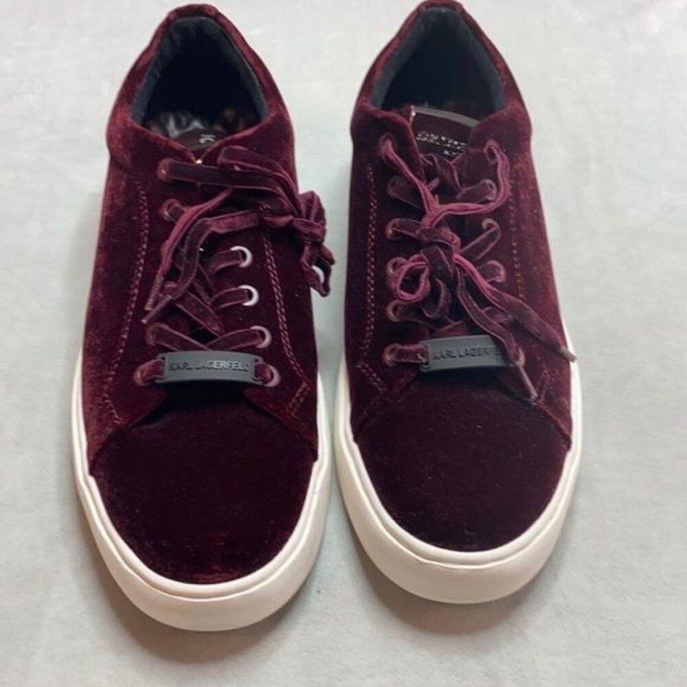 Karl Largerfeld maroon velvet lace up sneakers